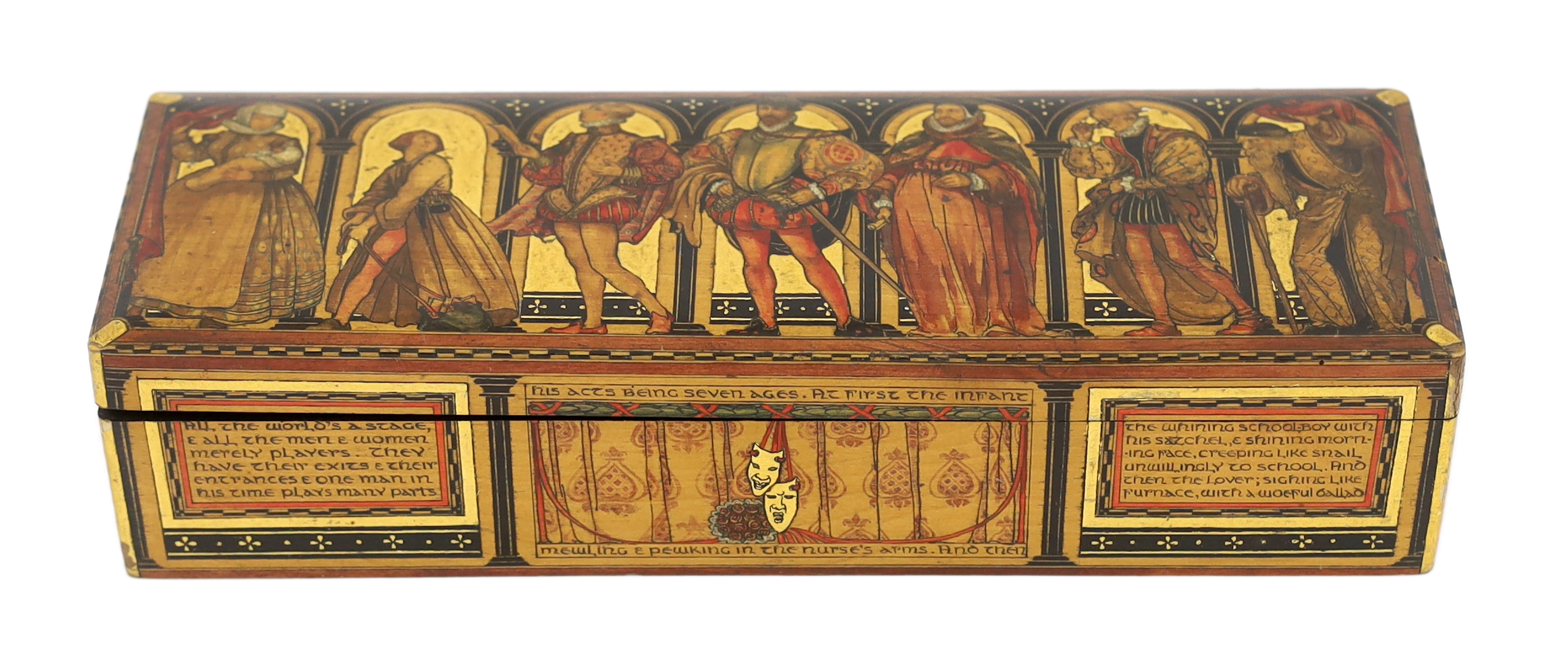 Gwendolen Beatrice White (British, 1904-1981), The Seven Ages of Man Casket, whitewood with stained and gilt gesso decoration, 32.5 x 11 x 7.5cm